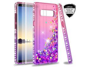 Galaxy Note 8 case with 3D PET Screen Protector 2 Pack for Girls Women Glitter Bling Sparkle Liquid Quicksand Flowing Clear Phone Case for Samsung Galaxy Note 8 PinkPurple