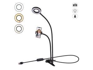 Selfie Ring Light with Cell Phone Holder Stand for Live Stream/Makeup, LED Camera Lighting [3-Light Mode] with Flexible Arms Compatible with All iPhone Models and Android Phones (Black)