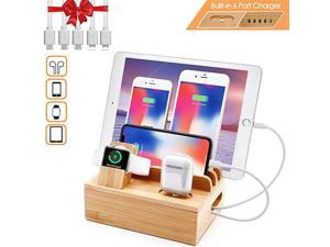 Bamboo Charger Station for Multi Device with 5 USB Charger Port  6 in 1 USB Charging Stand for Phone Tablet Smart Watch Holder Earbuds Earphone Dock Charger Organizer 5 Mixed Cables Included
