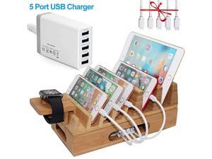 Hulin Bamboo Charging Station Holder with 5 Port USB Charger Watch Stand 5 x Charge Cable Wood Docking Stand Electronic Organizer for Multiple Devices Phones Tablets Laptop and More Hulin Bamboo Charging Station Holder with 5 Port USB Charger Watch Stand 5 x Charge Cable Wood Docking Stand Electronic Organizer for Multiple Devices Phones Tablets Laptop and More