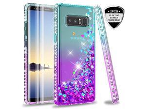 Compatible with Galaxy Note 8 case with 3D PET Screen Protector(2PCS) for Girls Women, Glitter Clear Phone Case for Samsung Galaxy Note 8, Teal/Purple