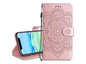 Wallet Case for iPhone 11 Card Holder Case Kickstand Flip Cover Embossed Mandala Flower Lanyard Protective Soft PU Leather Cover Case for 2019 Release iPhone 11 iPhone XI, Rose Gold