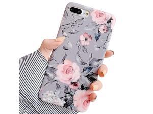iPhone 8 Plus 7 Plus Case for Girls Flexible Soft Slim Fit FullAround Protective Cute Phone Case Cover with Purple Floral and Gray Leaves Pattern for iPhone 7Plus 8Plus Pink Flowers