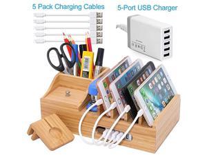 Charging Station for Multiple Devices with 5 Port USB Charger 5 Charger Cables and Apple Watch Stand Wood Desktop Dock Stations Electronic Organizer for Cell Phone Tablet Watch Office