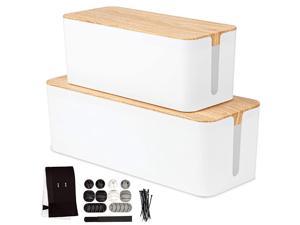 Cable Management Box, 2 Pack - White Cord Organizer with Wood Top - Hider for Wires, Power Strips, Surge Protectors & More - Includes Accessories