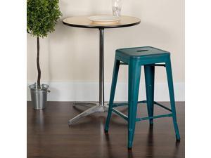 Commercial Grade 24quot High Backless Distressed Kelly BlueTeal Metal IndoorOutdoor Counter Height Stool