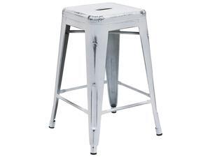 Commercial Grade 24quot High Backless Distressed White Metal IndoorOutdoor Counter Height Stool Commercial Grade 24quot High Backless Distressed White Metal IndoorOutdoor Counter Height Stool