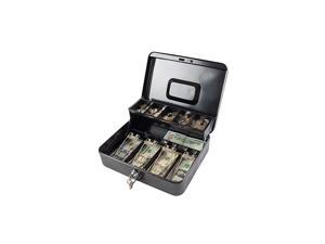 Metal Money Box Safe Black Large Cash Box with Money Tray and Lock Cash Register,5 Compartments Cantilever Tray & 4 Spring-Loaded Clips for Bills,11.81x 9.45x 3.54 