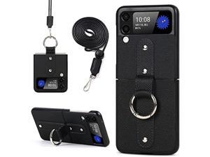 For Samsung Galaxy Z Flip 3 Case AntiDropFull ProtectionGenuine Leather Case With Ring Removable Strap Shockproof Case Black