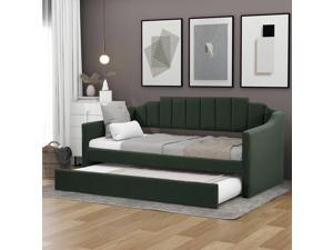SANUME Twin Size Upholstered Daybed with Trundle, Sofa Bed Wood Bed Frame with Swooping Arms, No Box Spring Needed (Green) SANUME Twin Size Upholstered Daybed with Trundle, Sofa Bed Wood Bed Frame with Swooping Arms, No Box Spring Needed (Green)