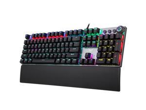 Gaming Mechanical Keyboard LED Backlit Metal Panel 104 Antighosting Keys Blue Switches Magnetic Wrist Rest Media Control Knob Buttons Good for Game and Office