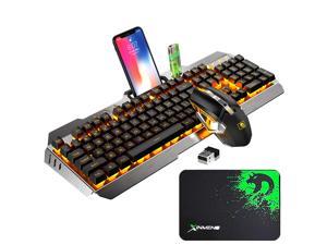 Wireless Rechargeable Keyboard and Mouse for Computer Gamers, Mechanical Feel Metal Panel Gaming Keyboard Mouse with Anti-ghosting