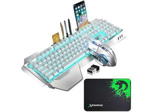 Wireless Gaming Keyboard and Mouse with Blue Backlit Rechargeable Metal Panel Mechanical Feel Ergonomic Keyboard and Mouse for Laptop PC Gamer, White