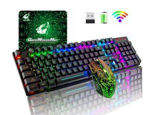 Wireless Gaming Keyboard and Mouse Set, Rainbow LED Backlit Rechargeable 4000mAh Battery Mechanical Feel Waterproof 7 Color Backlit Mice for Computer Laptop Mac Gamer