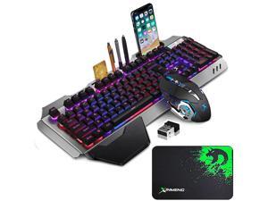 Wireless Gaming Keyboard and Mouse with Rainbow Backlit Rechargeable Metal Panel Mechanical Feel Ergonomic Keyboard and Mouse for Laptop PC Gamer
