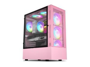 Vetroo A03 ATX Mid-Tower PC Gaming Case Pre-installed 3pcs ARGB PWM Fans w/ Controller, Door Opening Hinged Tempered Glass Side Panel, High Airflow Mesh Front and Dust Filter-Pink