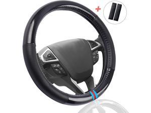 Big Hippo 15 inch Steering Wheel Cover with 2PCS Seat Belt Shoulder Pads, Breathable Car Steering Wheel Cover Microfiber Leather Steering Wheel Protector Blue/Red