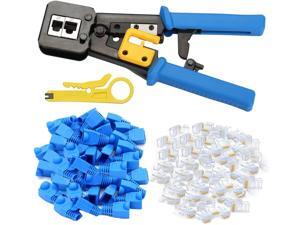 RJ45 Crimp Tool Pass Through Cat5 Cat5e Cat6 Crimping Tool for RJ45/RJ12 Regular and End-Pass-Through Connectors with 50PCS CAT5 CAT5e Connectors, 50PCS Covers and Mini Wire Stripper RJ45 Crimp Tool Pass Through Cat5 Cat5e Cat6 Crimping Tool for RJ45/RJ12 Regular and End-Pass-Through Connectors with 50PCS CAT5 CAT5e Connectors, 50PCS Covers and Mini Wire Stripper