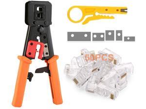 EZ RJ45 Crimper Tool Pass Through Cutter With 50pcs Connectors for RJ45/RJ12 6P 8P Multi-Function Cable Cat5 Cat5e Cat6 Crimping tool Network Wire Stripper 5 blades EZ RJ45 Crimper Tool Pass Through Cutter With 50pcs Connectors for RJ45/RJ12 6P 8P Multi-Function Cable Cat5 Cat5e Cat6 Crimping tool Network Wire Stripper 5 blades