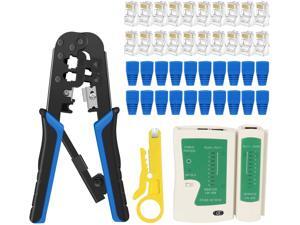 RJ45 Crimp Tool Kit Cat5 Cat5e Ethernet Crimping Tool, RJ-11, 6P/RJ-12, 8P/RJ-45 Crimp, Cut and Strip Tool with 20PCS RJ45 Connectors, 20PCS Covers,1 Network Cable Tester and 1 Wire Stripper RJ45 Crimp Tool Kit Cat5 Cat5e Ethernet Crimping Tool, RJ-11, 6P/RJ-12, 8P/RJ-45 Crimp, Cut and Strip Tool with 20PCS RJ45 Connectors, 20PCS Covers,1 Network Cable Tester and 1 Wire Stripper