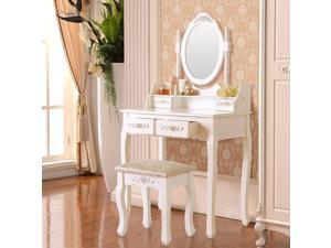 Elegance White Dressing Table Vanity Table and Stool Set Wood Makeup Desk with 4 Drawers & Mirror Elegance White Dressing Table Vanity Table and Stool Set Wood Makeup Desk with 4 Drawers & Mirror