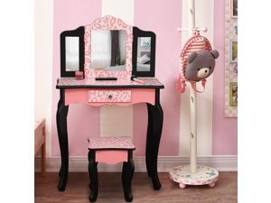 Kids' Wooden Vanity Table and Stool Set with 3 Mirrors, Princess Makeup Dressing Table,Children's Furniture Kids' Wooden Vanity Table and Stool Set with 3 Mirrors, Princess Makeup Dressing Table,Children's Furniture