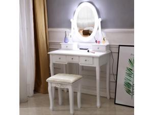 Vanity Table 10 LED Lights, 5 Drawers Makeup Dressing Desk with Cushioned Stool Set,Bedroom Vanities Set White Vanity Table 10 LED Lights, 5 Drawers Makeup Dressing Desk with Cushioned Stool Set,Bedroom Vanities Set White