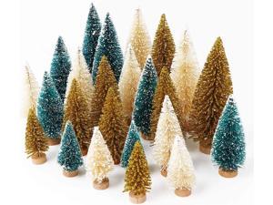 24PCS Artificial Mini Christmas Trees Upgrade Sisal Trees with Wood Base Bottle Brush Trees for Christmas Table Top Decor Winter Crafts Ornaments Green Gold and Ivory