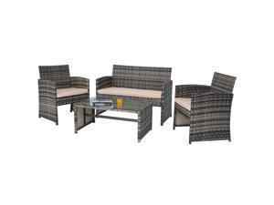 CO-Z 4 Piece Outdoor Patio Furniture Set, PE Rattan Wicker Conversation Set with Sofa 2 Chairs Glass Top Coffee Table for Patio Decor, Outdoor Furniture Set with Thick Cushions, Charcoal and Beige