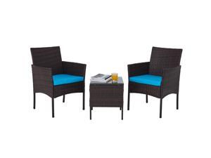 CO-Z 3 Piece Outdoor Patio Furniture Set, PE Rattan Wicker Conversation Set with 2 Chairs and Glass Top End or Side Table for Patio Decor, Outdoor Furniture Set, Thick Cushions, Walnut & Blue