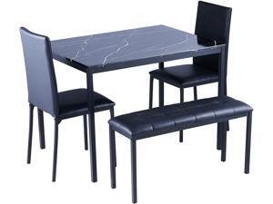 CO-Z 4 Piece Bench Dining Set, Faux Marble Dining Table Set with Bench and 2 Chairs, Kitchen & Dining Room Dinette Set for 4m, Compact Kitchen Table Padded Dining Bench and Set of 2 Chairs, Black