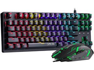 Updated New Mechanical Gaming Keyboard and Mouse Combo, 87 Keys Blue switches Rainbow LED Backlit Keyboard and 6 Buttons Gaming Mouse for Windows PC Gamers