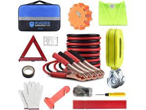 Car Roadside Emergency Kit Essential Auto Safety Road Side Assistance Tool Kit with LED Road Flare Jumper Cables Towing Rope Triangle and More Winter Vehicle Accessories