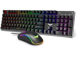 Mechanical Gaming Keyboard and Mouse Combo Blue Switch 104 Keys Rainbow Backlit Keyboards, 4800 Dots Per Inch 7 Button Mouse Wired for PC Gamer Computer Laptop