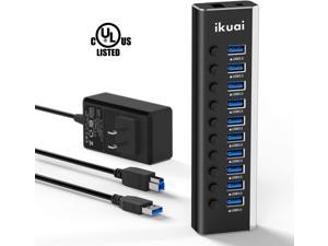 Powered USB Hub 3.0, 10 Port USB 3.0 Data Hub Aluminum USB Splitter with 36W(12V/3A) Power Adapter and Individual On/Off Switches (Black)