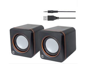 USB Powered Stereo Speaker System - Small Size - with Volume Control & 3.5 mm Aux Audio Plug to Connect to Laptop, Notebook, Desktop, Computer - 3 Yr Mfg Warranty - Black Orange