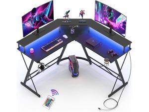 L Shaped Desk 50.1'', Computer Corner Gaming Desk with Led Lights and Power Outlets and Large Monitor Stand, Home Office Desks with Cup Holder, Headphone Hook, Black