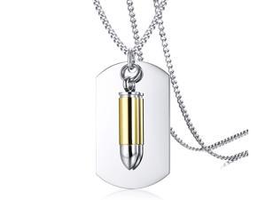 Hip Hop  2 in 1 Gun Bullet Military Army Dog Tag Necklace Men Women Personalized Stainless Steel Cremation Urn Pendant Keepsake Memorial Ashes Jewelry, Silver Gold Two Tone