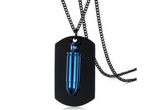 Hip Hop  2 in 1 Gun Bullet Military Army Dog Tag Necklace Men Women Personalized Stainless Steel Cremation Urn Pendant Keepsake Memorial Ashes Jewelry, Blue Black Two Tone