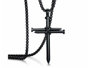 Crucifix Necklace for Men Women Boys Girls Black Plated Stainless Steel Antique Nail and Wire Cross Pendant Religion Christian Gift