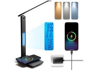LED Desk Lamp, Desk Lamp with Wireless Charger, Suitable for Home, Office Dimmable Desk Lamp, with USB Charging Port, Built-in Clock, Calendar, Thermometer and Automatic Timing Reading Desk Lamp