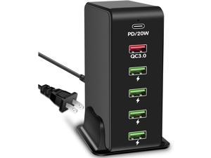 Multiple USB Charger Station, 6 Port Multi USB Fast Charging Station with 20W PD + 18W Quick Charge 3.0 with Smart Identification Technology for iPhone iPad Switch and More Devices