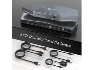 [New Model] 2 PCs Dual Monitor HDMI KVM Switch 4K, HDMI KVM Switch Dual Monitor Suitable for 2 Computers + 2 Monitors with Audio, USB Powered, Hotkey Switch, 4K Monitor hdmi Switch with Cables