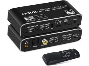 4K @60Hz eARC HDMI Swtich Audio Extractor,  2x1 HDMI Audio Converter with Remote Control, 7.1CH Atmos/ eARC/ARC/ Optical Toslink SPDIF/ Coaxial/ 3.5mm Audio Out, Supports HDCP2.3, HDMI2.0b