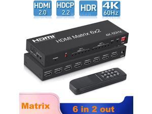 HDMI 2.0 Matrix 6x2 Switch Splitter, 6 in 2 Out HDMI Video Switcher Splitter with Audio Extractor/IR Remote Controller, HDR 4K @60Hz RGB/YUV 4:4:4 SPDIF Optical + 3.5 mm Jack Audio Output