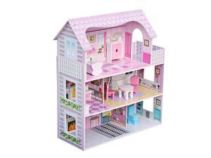 Large Children's Wooden Dollhouse Kid House Play Pink with Furniture