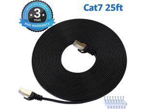 Cat 7 Ethernet Cable 25 ft LAN Cable Internet Network Cord for PS4, Xbox, Router, Modem, Gaming, Black Flat Shielded 10 Gigabit RJ45 High Speed Computer Patch Wire.