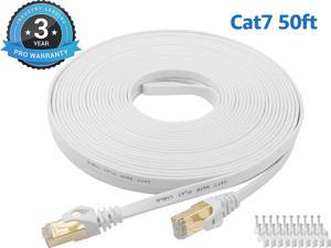 Cat 7 Ethernet Cable 50 ft LAN Cable Internet Network Cord for PS4, Xbox, Router, Modem, Gaming, White Flat Shielded 10 Gigabit RJ45 High Speed Computer Patch Wire.