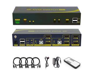 HDMI KVM Switch 2 in 2 Out Dual Monitor Extended Display 4K@60Hz 4:4:4 with Audio and USB 2.0 Hub Sharing PC Monitor Keyboard Mouse Switcher