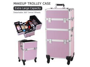 New Pro 3In1 Makeup Train Cases Bag Travel Trolley Organizer Lockable Pink US